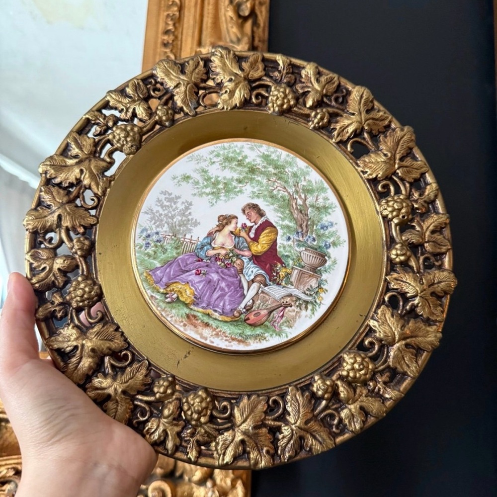 Large brass and porcelain plaque